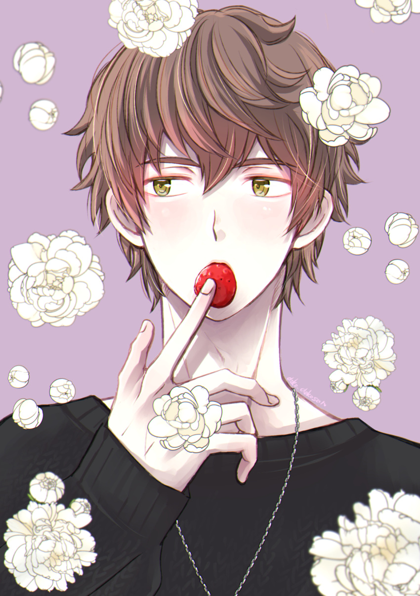 1boy, artist_name, black_sweater, brown_eyes, brown_hair, doko_dokosan, eating, flower