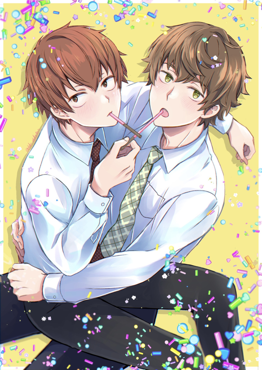 2boys, black_pants, brown_eyes, brown_hair, confetti, doko_dokosan, food, green_eyes, green_necktie, highres, long_sleeves, male_focus, mouth_hold, multiple_boys, necktie, pants, pocky, ryman's_club, saeki_touya, shirt, sitting, takeda_kouki, white_shirt, yellow_background