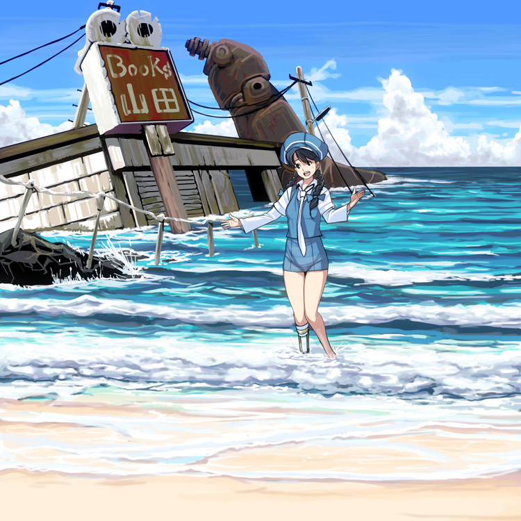:d, beach, black_hair, braid, cabbie_hat, cloud, clouds, english, girl_with_golden_shoe, hat, ishida_to_asakura, kin_no_kutsu_gin_no_kutsu, masao, necktie, ocean, open_mouth, original, post-apocalyptic, prosthesis, ruins, smile, solo, translated, twin_braids, wading, water