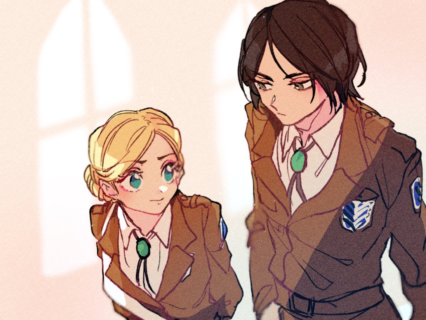 1boy, 1girl, aqua_eyes, blonde_hair, blurry, blurry_background, bolo_tie, brown_eyes