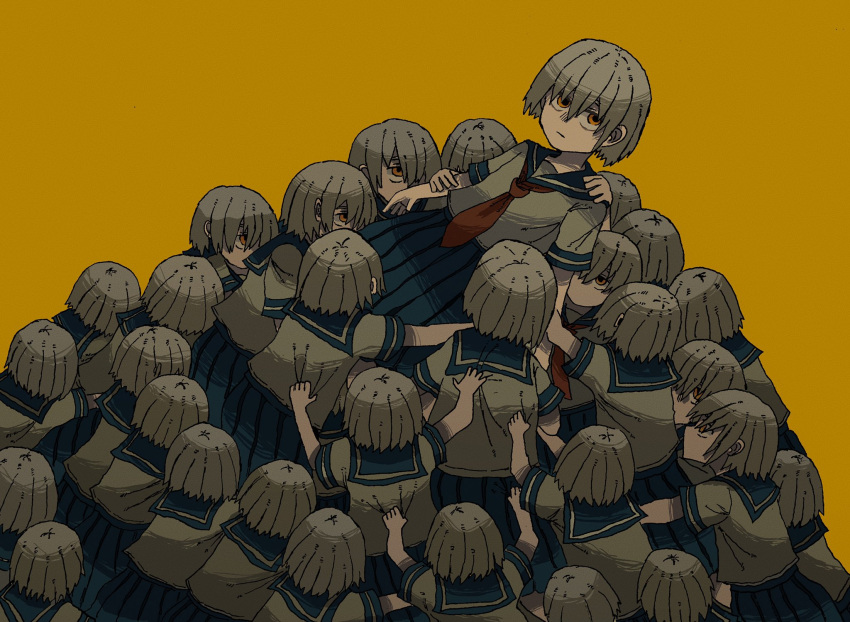 6+girls, arm_grab, blue_sailor_collar, blue_skirt, clone, closed_mouth, clothes_grab, from_behind