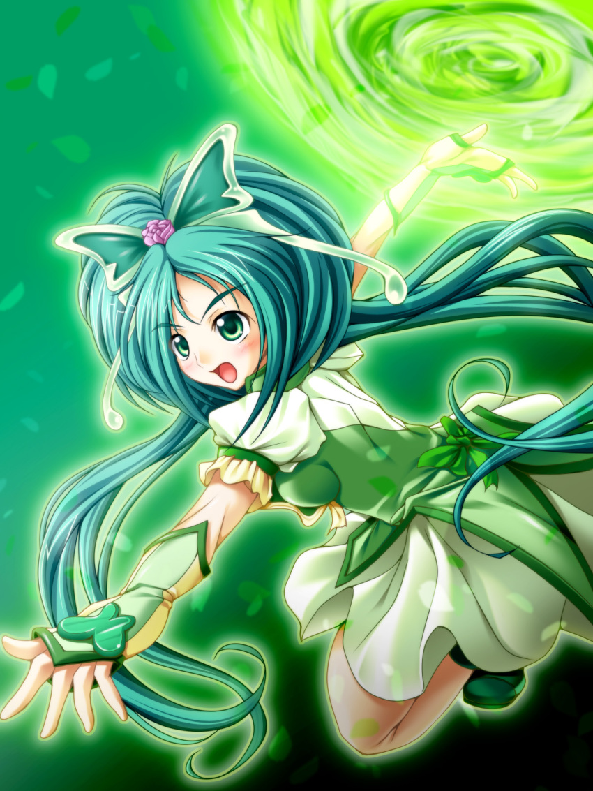 :o, akimoto_komachi, boots, bow, butterfly, butterfly_hair_ornament, cure_mint, dress