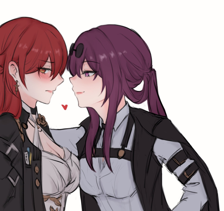 2girls, a_ai_ri, assertive_female, black_coat, blush, breasts, closed_mouth, coat