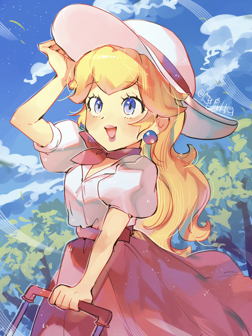 1girl, :d, absurdres, arm_up, artist_name, bandana, blonde_hair, blue_eyes, blue_sky, blush, clouds, collared_shirt, commentary_request, day, earrings, eyelashes, hanaon, hat, high-waist_skirt, highres, jewelry, lips, long_hair, long_skirt, open_mouth, outdoors, pink_bandana, pink_skirt, princess_peach, princess_peach_(vacation), puffy_short_sleeves, puffy_sleeves, shirt, shirt_tucked_in, short_sleeves, sidelocks, signature, skirt, sky, smile, solo, sphere_earrings, suitcase, sun_hat, super_mario_bros., super_mario_odyssey, tree, twitter_username, white_headwear, white_shirt, wind