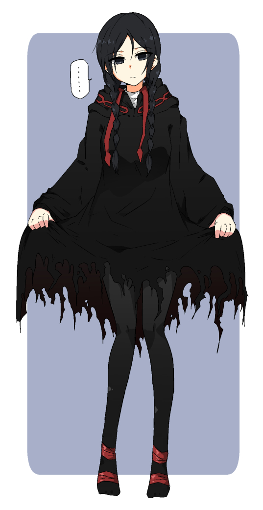 black_cloak, black_pantyhose, blush, breasts, cloak, empty_eyes, fate/strange_fake, fate_(series)