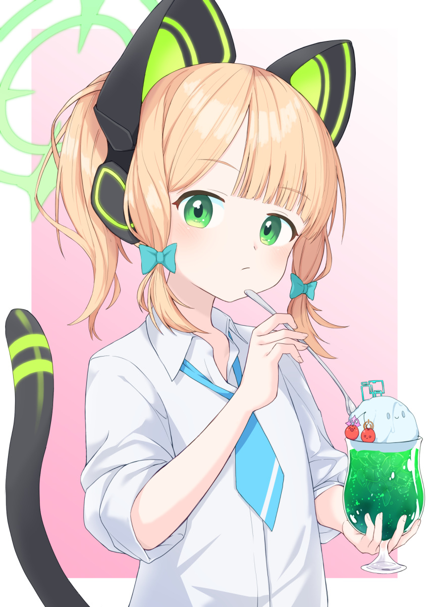 1girl, animal_ear_headphones, animal_ears, blonde_hair, blue_archive, blue_bow, blue_necktie, blunt_bangs