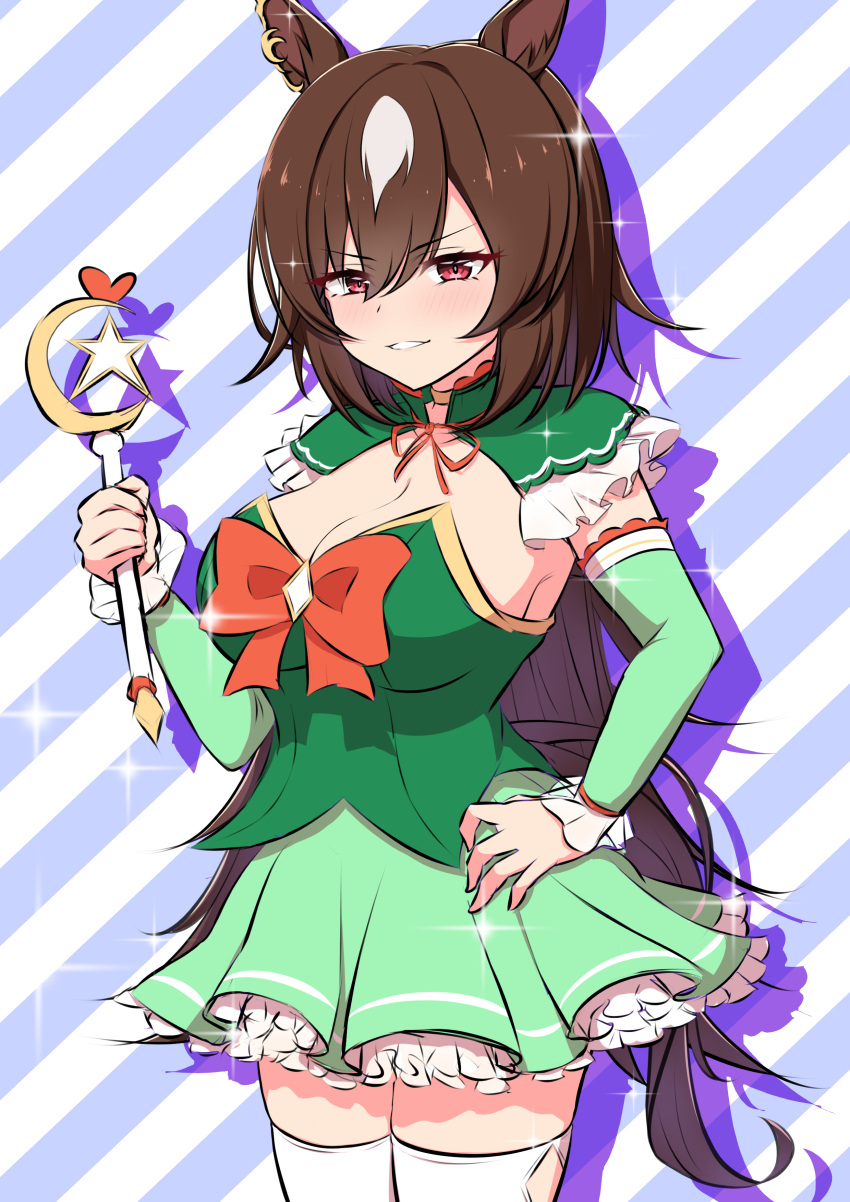 1girl, absurdres, animal_ears, blush, breasts, brown_hair, cosplay, ear_ornament, ears_through_headwear, epaulettes, hair_between_eyes, highres, horse_ears, horse_girl, horse_tail, horseshoe_ornament, long_hair, longhair, magical_girl, multicolored_hair, red_eyes, ririsu082, single_epaulette, sirius_symboli_(umamusume), skirt, smile, solo, streaked_hair, tail, umamusume, umayuru