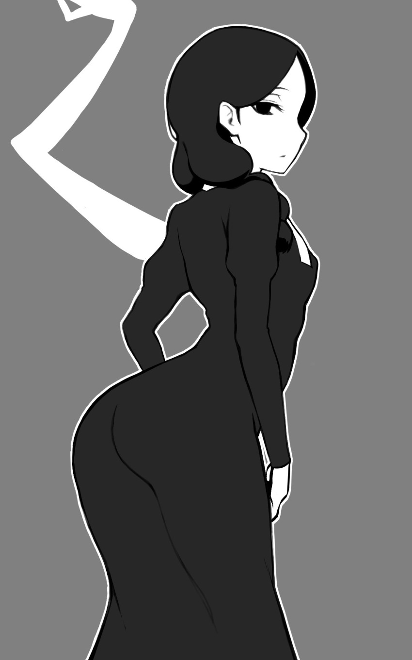 1girl, arched_back, ass, black_dress, braid, breasts, dress, expressionless, fate/strange_fake, fate_(series), forehead, grey_background, highres, huge_ass, large_breasts, long_sleeves, looking_at_viewer, medium_hair, mekakuri_(otacon250), monochrome, no_name_assassin_(fate), parted_bangs, simple_background, solo, twin_braids, zabaniya_(fate)