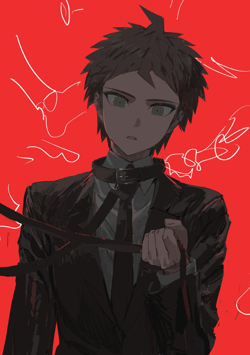 1boy, absurdres, ahoge, animal_collar, black_jacket, black_necktie, brown_eyes, brown_hair