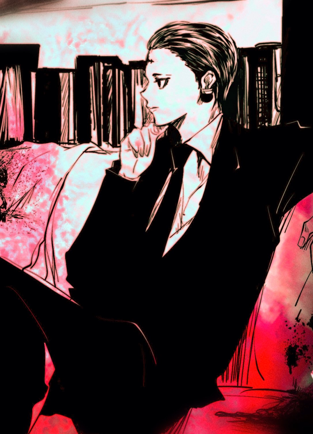1boy, black_eyes, black_hair, black_suit, chrollo_lucilfer, cross_tattoo, earrings, facial_mark, facial_tattoo, forehead_mark, forehead_tattoo, formal, ga_31kad, highres, hunter_x_hunter, jewelry, long_sleeves, male_focus, necktie, shirt, short_hair, solo, suit, tattoo, white_shirt