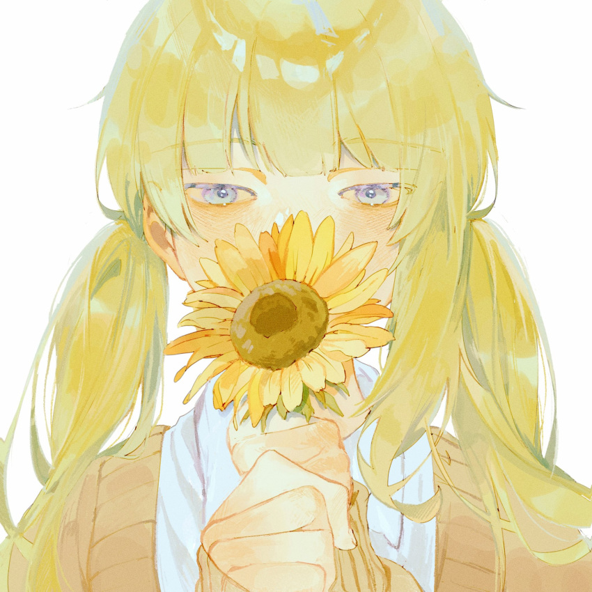1girl, blonde_hair, blue_eyes, blush, brown_sweater, collared_shirt, commentary, covered_mouth