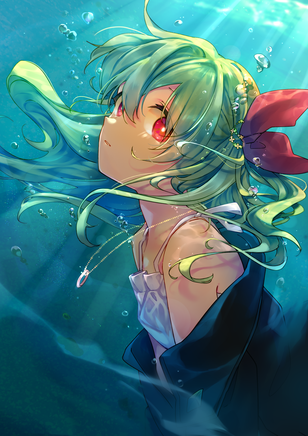 1girl, air_bubble, bare_shoulders, blue_jacket, breasts, bubble, camisole, from_side