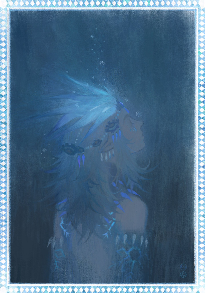 1boy, ajzren, armlet, backless_outfit, bare_shoulders, beads, blonde_hair, blue_background