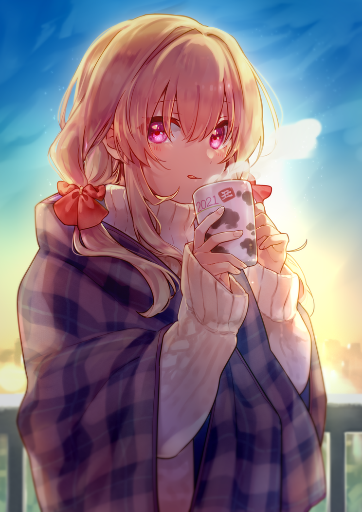 1girl, 2021, animal_print, blonde_hair, blue_sky, blush, bow, cow_print