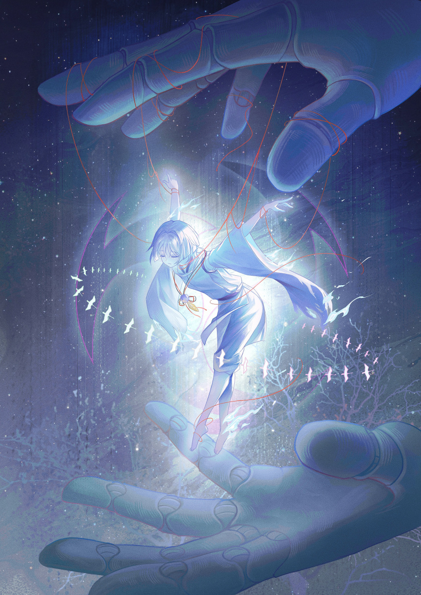 1boy, absurdres, arms_up, barefoot, bent_over, bird, blue_fire, blue_theme, bowing, closed_eyes, doll_joints, fire, gem, genshin_impact, giant, glowing, highres, in_palm, japanese_clothes, jewelry, joints, kariginu, long_sleeves, male_focus, marionette, outstretched_arms, pants, pendant, plantar_flexion, puppet, puppet_strings, purple_gemstone, purple_hair, purple_theme, san_wu_mao_liang, sash, scaramouche_(genshin_impact), scaramouche_(kabukimono)_(genshin_impact), short_hair, size_difference, solo, standing, standing_on_one_leg, white_hair, wide_sleeves