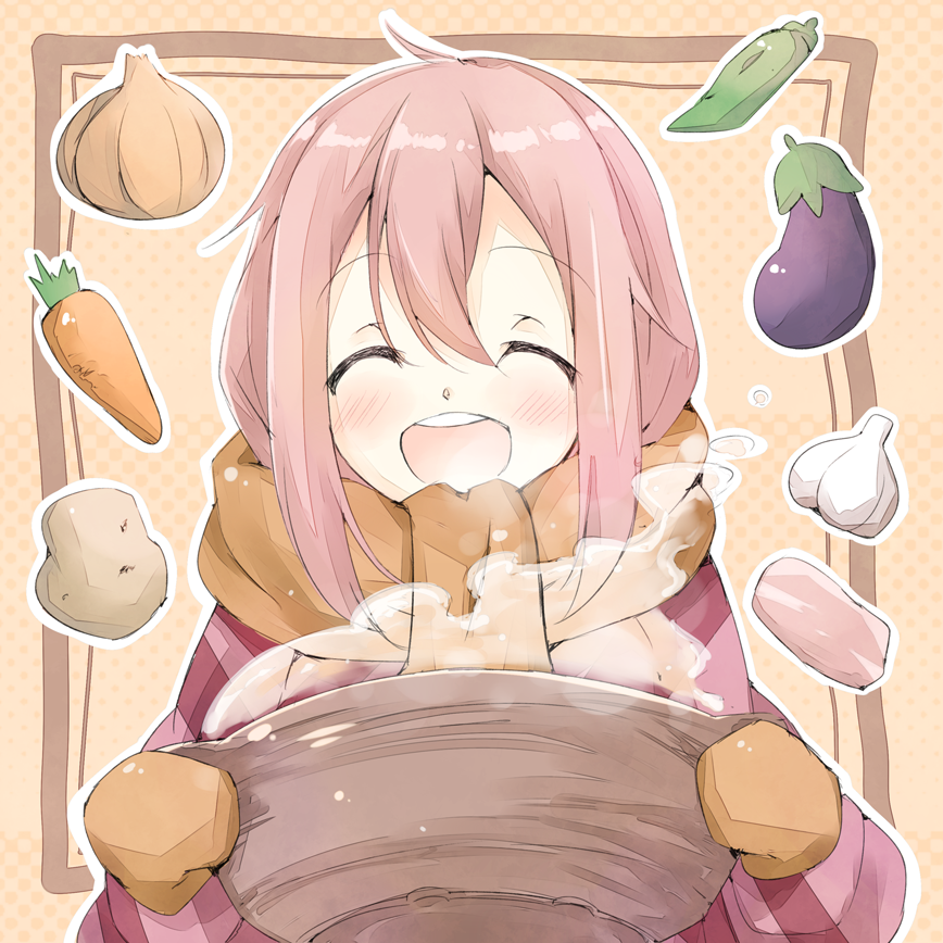 1girl, blush, brown_gloves, brown_scarf, carrot, chili_pepper, closed_eyes, cooking
