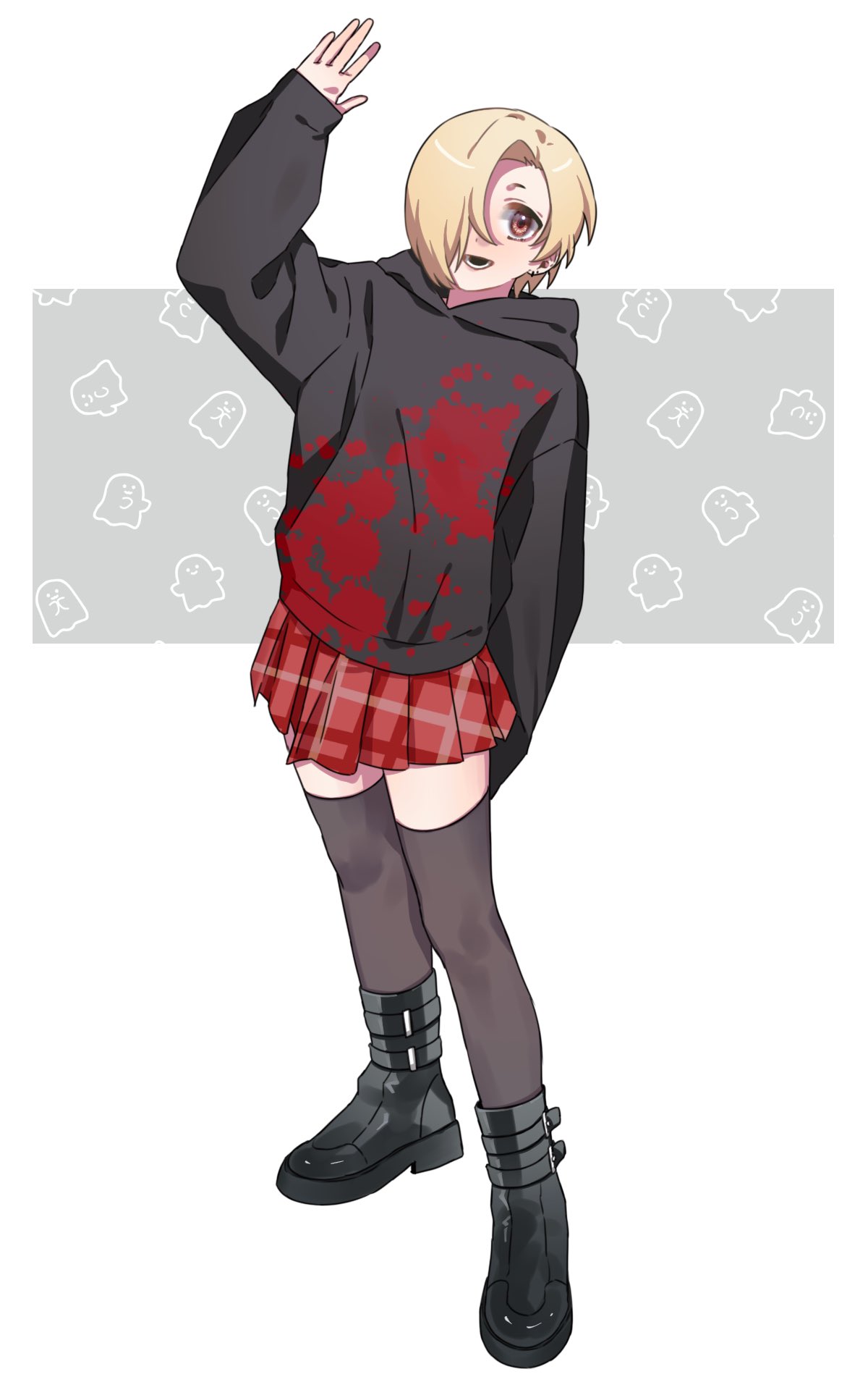 1girl, arm_up, black_footwear, black_hoodie, black_thighhighs, blonde_hair, blush, boots, brown_eyes, earrings, full_body, ghost_print, hair_over_one_eye, highres, hood, hoodie, idolmaster, idolmaster_cinderella_girls, jewelry, looking_at_viewer, open_mouth, oshinomiya, plaid, plaid_skirt, red_skirt, shirasaka_koume, short_hair, skirt, sleeves_past_wrists, smile, solo, thigh-highs, waving, zettai_ryouiki