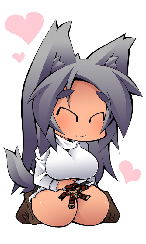 animal_ears, bad_id, bare_shoulders, black_hair, blue_eyes, blush, chibi, dark_skin