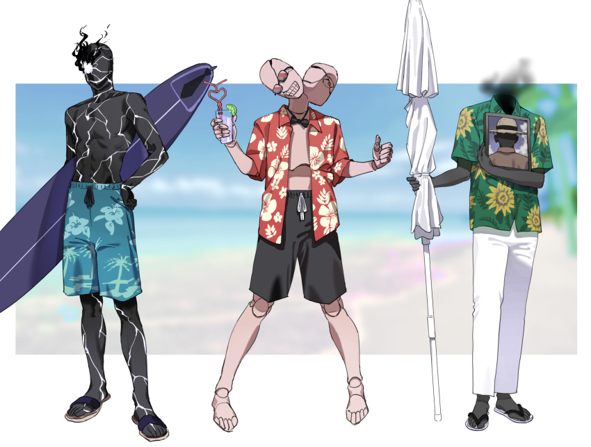 3boys, abs, beach_umbrella, black_skin, black_suit_(blue_archive), blue_archive, colored_skin, cup