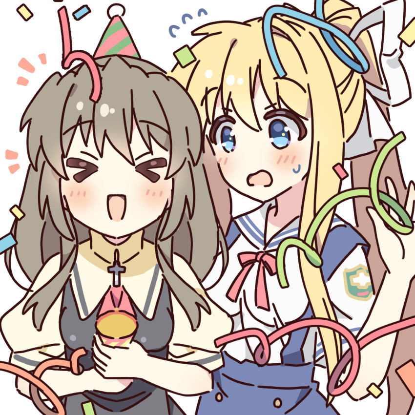 >_<, 2girls, air_(visual_novel), badge, black_dress, blonde_hair, blue_eyes, blue_skirt