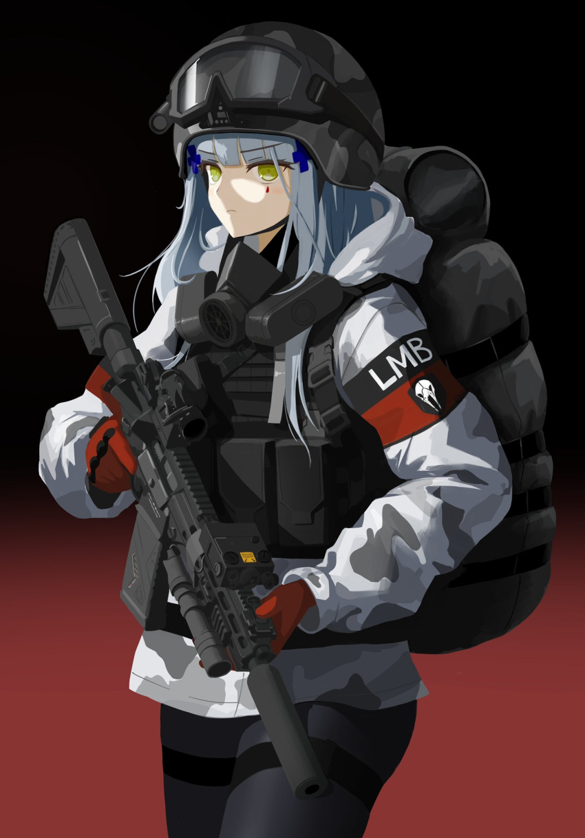 1girl, arctic_camouflage, assault_rifle, backpack, bag, black_headwear, black_pants, blue_hair, chest_rig, gas_mask, girls_frontline, gloves, gradient_background, green_eyes, gun, h&amp;k_hk416, helm, helmet, highres, hk416_(girls'_frontline), holding, holding_weapon, jacket, mask, optical_sight, pants, qwer_v2, red_gloves, rifle, serious, solo, suppressor, two-tone_background, weapon, white_jacket