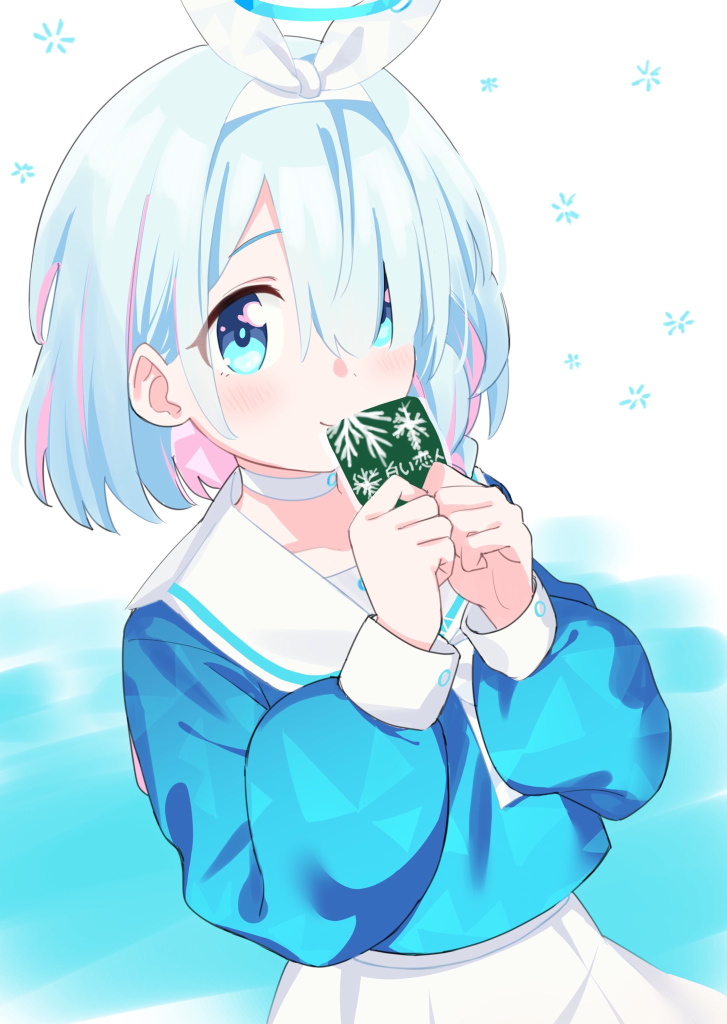 1girl, aqua_eyes, aqua_hair, arona_(blue_archive), blue_archive, braid, choker, hairband, halo, highres, holding, long_sleeves, looking_at_viewer, multicolored_hair, pink_hair, sailor_collar, school_uniform, serafuku, shichimi_yutsuki, short_hair, side_braid, simple_background, skirt, solo, white_background, white_choker, white_sailor_collar, white_skirt