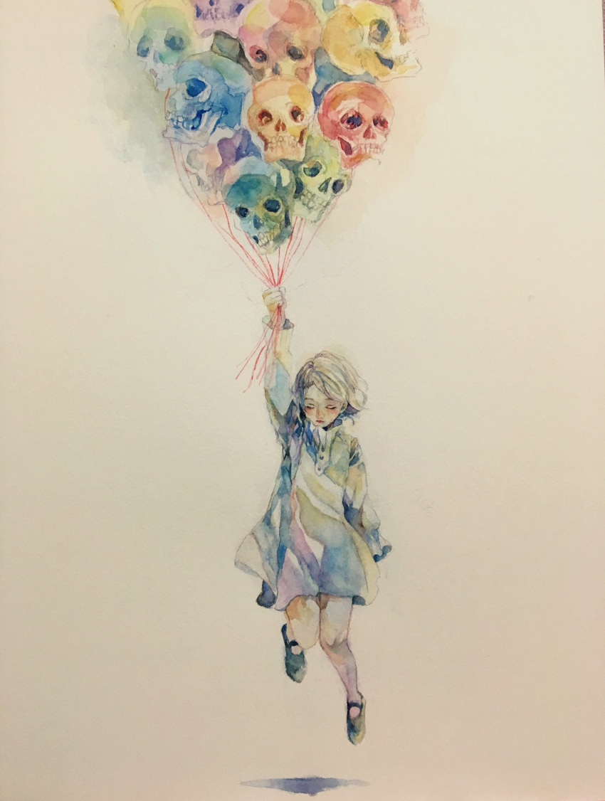 1girl, arm_up, balloon, black_footwear, closed_eyes, dress, floating, grey_hair