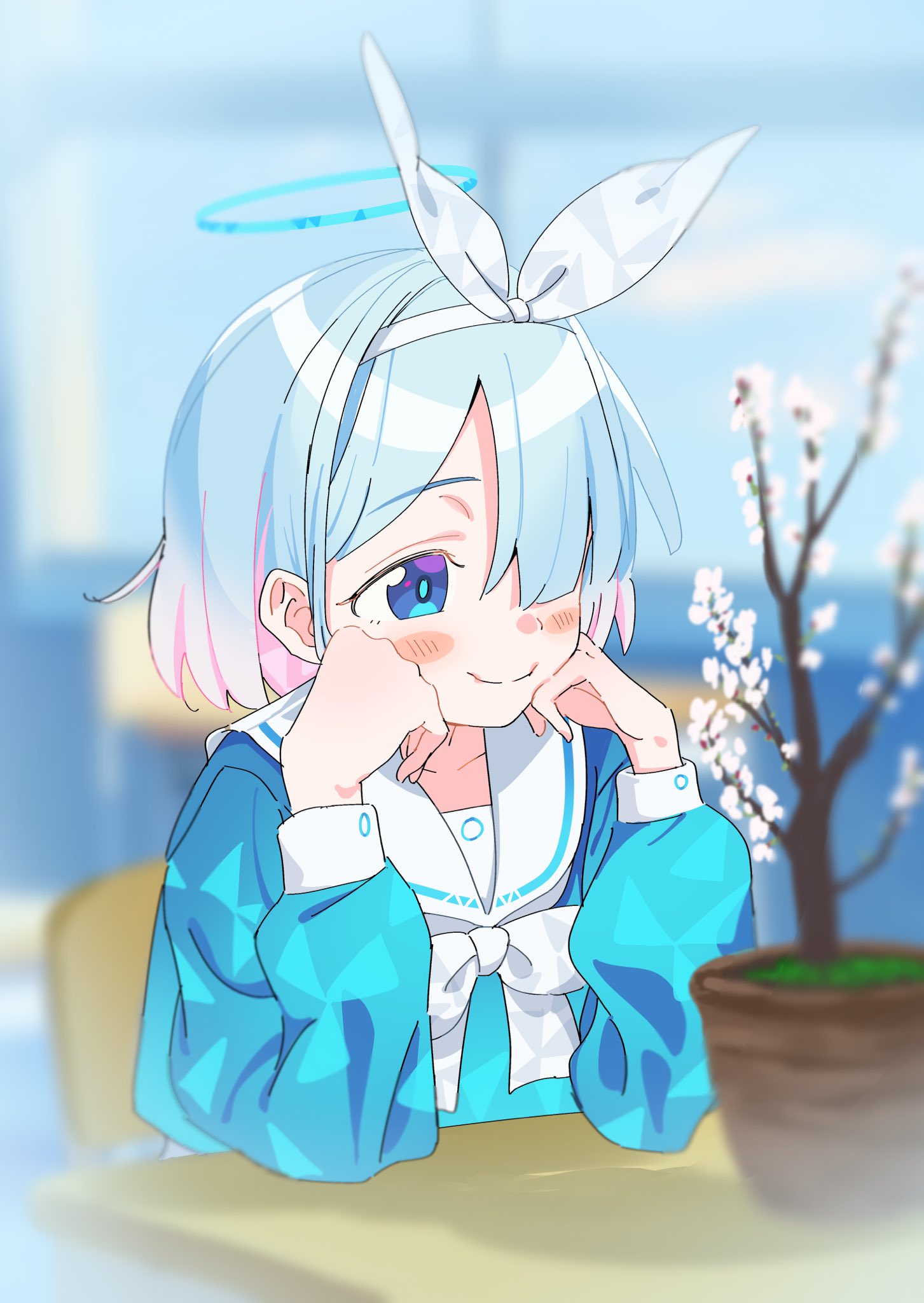 1girl, aqua_hair, arona_(blue_archive), blue_archive, blue_eyes, blurry, blurry_background, blush
