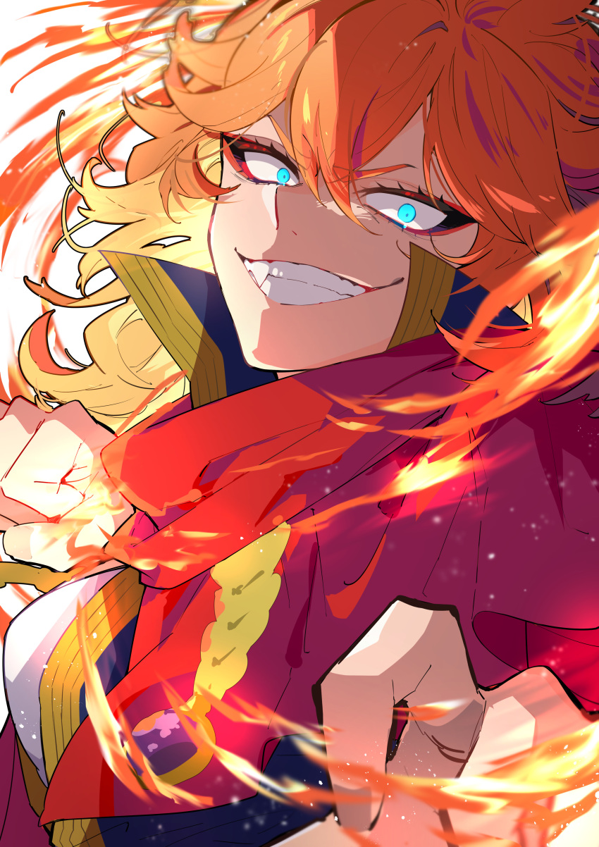 1girl, absurdres, black_clover, blue_eyes, cape, clenched_hand, fire, hair_between_eyes, highres, long_hair, looking_at_viewer, mereoleona_vermillion, nekoma_hikaru, open_mouth, red_cape, redhead, smile, solo