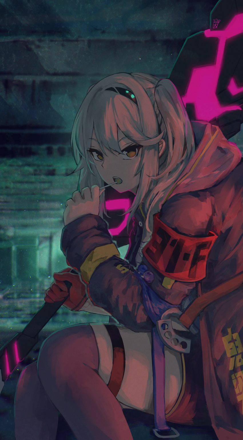 1girl, absurdres, artist_logo, black_socks, brown_eyes, candy, commentary_request, cowboy_shot, cyberpunk, feet_out_of_frame, food, food_in_mouth, glowing, glowing_weapon, grey_hair, hairband, heaven_burns_red, high_side_ponytail, highres, holding, holding_candy, holding_food, holding_lollipop, holding_weapon, hood, hood_down, hooded_coat, hooded_jacket, jacket, kneehighs, kurozawa_maki, lollipop, long_hair, long_sleeves, looking_at_viewer, night, one_side_up, ootato, open_mouth, outdoors, red_armband, shorts, sidelocks, sitting, socks, solo, techwear, thigh_strap, weapon, yellow_eyes