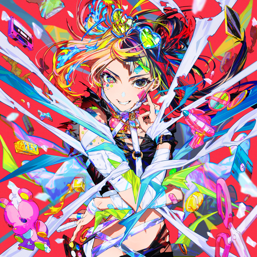 1girl, absurdres, bandaged_arm, bandages, bandaid, bandaid_on_arm, bandaid_on_face, bandaid_on_forehead, bandaid_on_shoulder, black_eyes, black_hair, black_shirt, blonde_hair, blue-framed_eyewear, blue_bow, blue_eyes, bow, broken_eyewear, broken_phone, can, cassette_tape, cellphone, commentary, compact_(cosmetics), crossed_bandaids, cup, disposable_cup, double_bun, drinking_straw, earrings, english_commentary, eyeshadow, facial_mark, floating, floating_clothes, floating_hair, floating_object, flower_facial_mark, gauze, gauze_on_arm, green-tinted_eyewear, grey_eyeshadow, grin, hair_bun, halftone, heart, heart-shaped_eyewear, heterochromatic_eyewear, heterochromia, highres, jewelry, lighter, liquid_hair, lock, long_hair, looking_at_viewer, makeup, medicine, mika_pikazo, mismatched_pupils, multicolored_hair, nail_polish, nail_polish_bottle, navel, o-ring, o-ring_strap, original, phone, pill, pink_nails, red_background, ring, sailor_collar, school_uniform, scissors, serafuku, shirt, smartphone, smile, soda_can, solo, split-color_hair, stomach, stud_earrings, stuffed_animal, stuffed_toy, teddy_bear, tinted_eyewear, too_many, upper_body, v-shaped_eyebrows, water_gun, yellow-tinted_eyewear