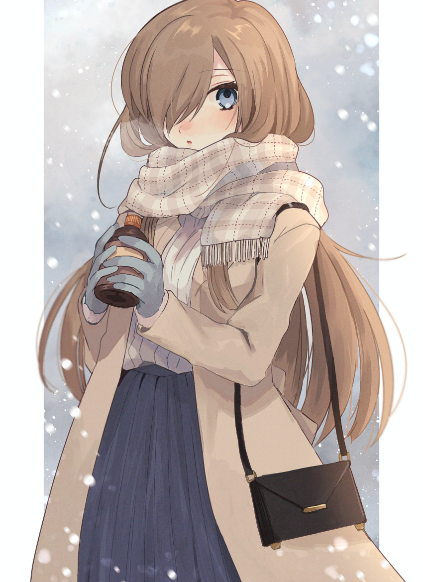 1girl, alternate_costume, aomattya, bag, blue_eyes, blue_skirt, bottle, breath
