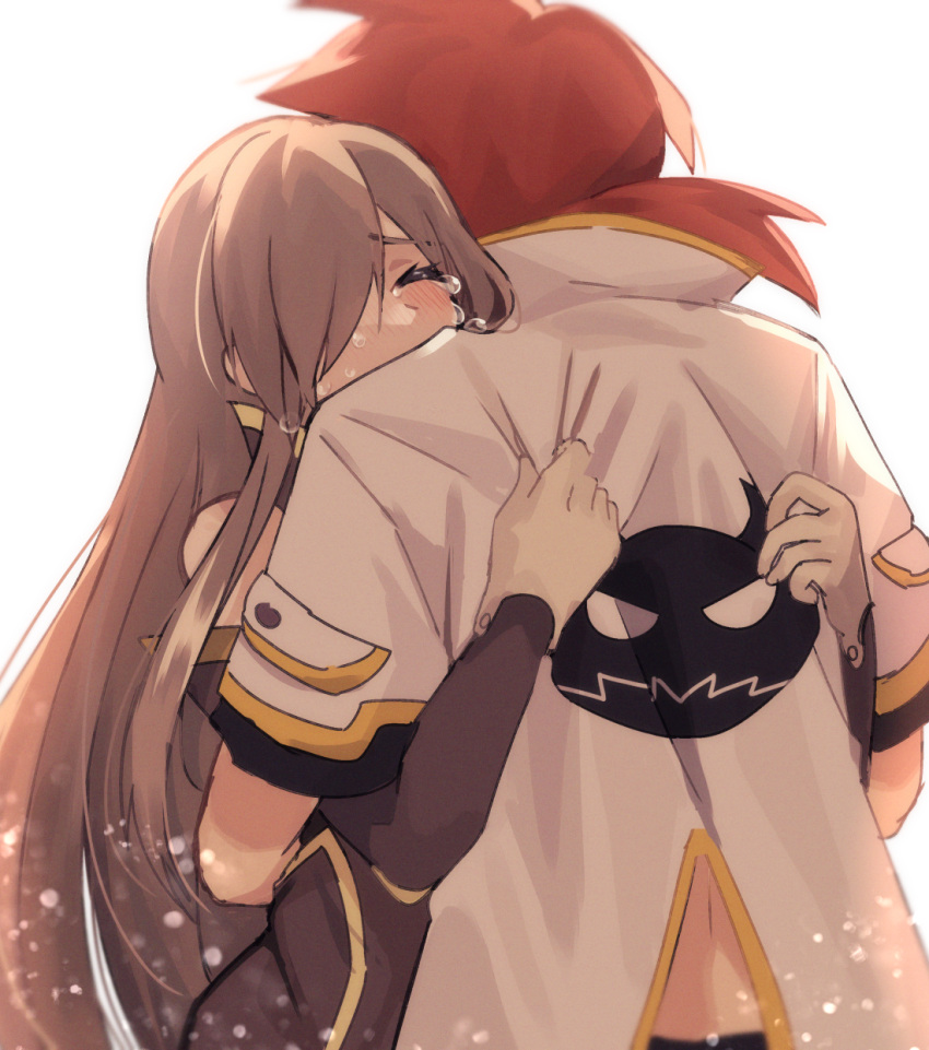 1boy, 1girl, aomattya, bare_shoulders, black_shirt, brown_dress, brown_hair, brown_sleeves