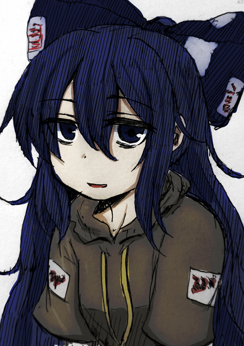 1girl, absurdres, bags_under_eyes, blue_eyes, blue_hair, bow, dot_nose, grey_hoodie, hair_between_eyes, hair_bow, highres, hood, hoodie, long_hair, ofuda, ofuda_on_clothes, open_mouth, shikakkei_danbooru, solo, touhou, upper_body, very_long_hair, white_background, yorigami_shion