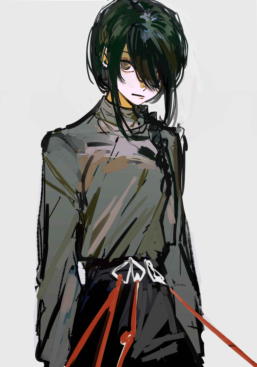 1girl, absurdres, black_pants, braid, braided_ponytail, chainsaw_man, grey_sweater, hair_over_one_eye, highres, leash, leash_belt, looking_at_viewer, medium_hair, mkmwyydlp, nayuta_(chainsaw_man), pants, ringed_eyes, simple_background, solo, sweater, white_background, yellow_eyes