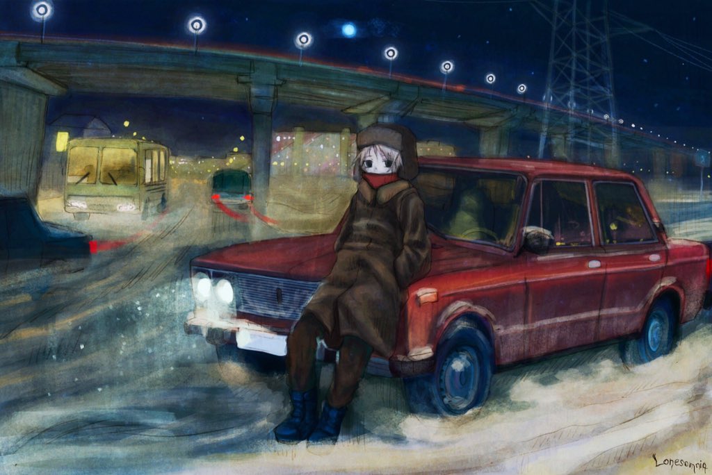 1boy, black_footwear, blonde_hair, blue_eyes, boots, bridge, brown_coat, brown_headwear, brown_pants, bus, car, coat, lamppost, leaning, leaning_back, leaning_on_object, lonesomnia, looking_at_viewer, motor_vehicle, night, night_sky, original, pants, power_lines, signature, sky, solo, star_(sky), starry_sky, transmission_tower, trench_coat, vaz-2106, wheel, window