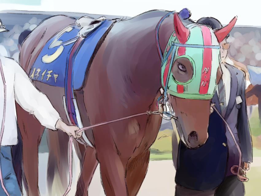 2boys, animal_focus, balladeluce, black_jacket, blue_pants, bridle, business_suit, commentary, commentary_request, derivative_work, formal, from_side, highres, horse, jacket, kikuka-sho, multiple_boys, necktie, nice_nature_(racehorse), pants, real_life, reins, screencap_redraw, shirt, suit, white_shirt