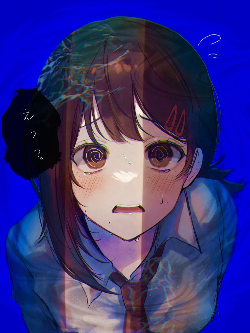 1girl, @_@, black_necktie, blue_background, blush, brown_eyes, brown_hair, chainsaw_man