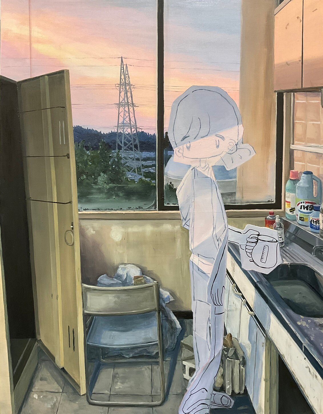 1other, apron, bottle, chair, door, electric_kettle, faucet, foot_out_of_frame
