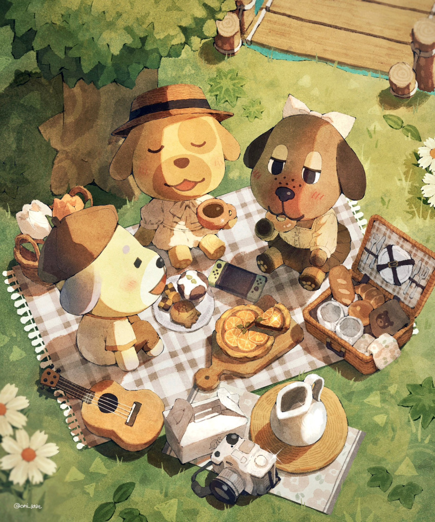 3girls, animal_crossing, bea_(animal_crossing), blush, bridge, camera, closed_eyes, cup