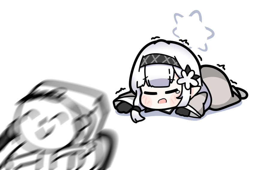 1girl, arona's_sensei_doodle_(blue_archive), black_gloves, black_hairband, blue_archive, chibi, closed_eyes, flower