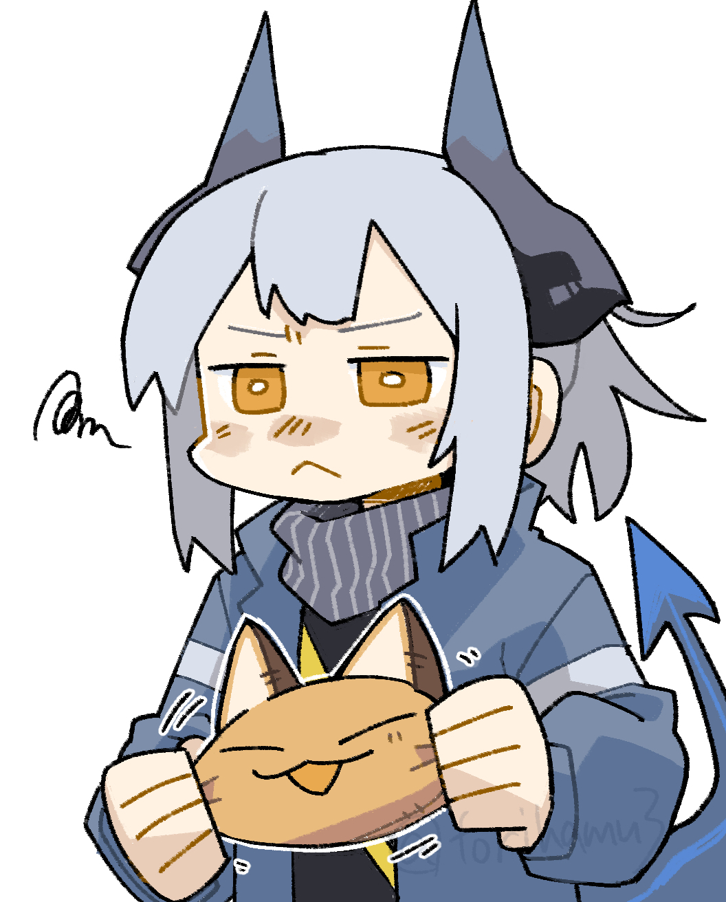 1girl, :<, animal, animalization, arknights, black_shirt, blue_jacket, blush
