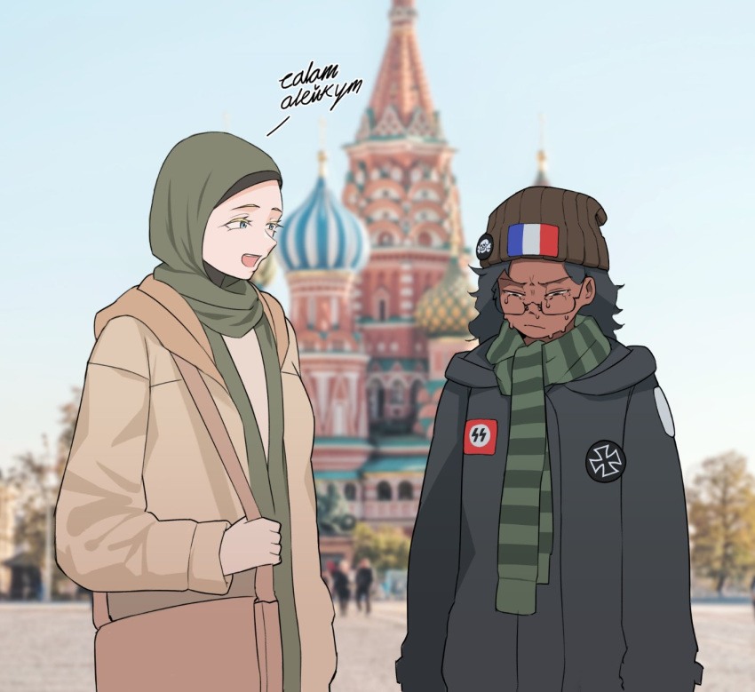 2girls, annoyed, bag, beanie, black_coat, black_hair, blonde_hair, blue_eyes