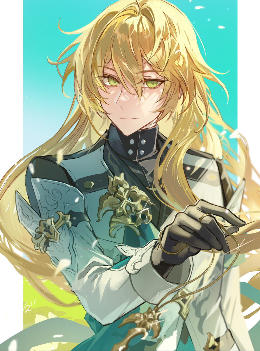 1boy, black_gloves, black_shirt, blonde_hair, blue_background, border, brooch, closed_mouth