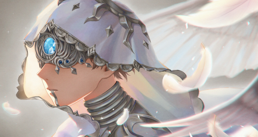 1boy, blindfold, blue_gemstone, brown_hair, eli_clark, eli_clark_(lunar_phase), facial_mark, feathered_wings