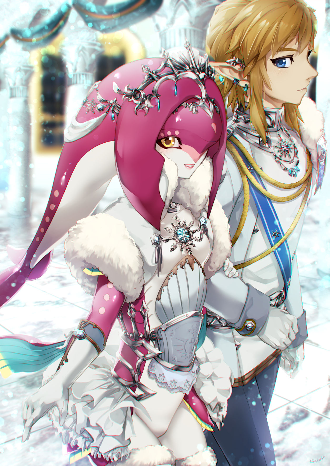 1boy, 1girl, alternate_costume, blue_eyes, colored_skin, diadem, earrings, fins