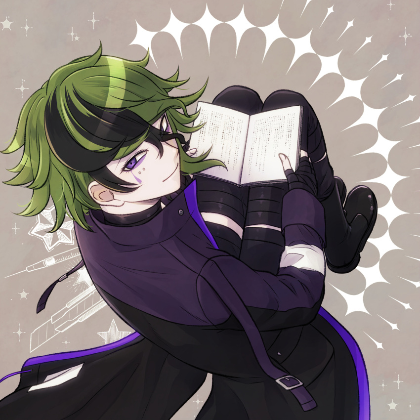 1boy, bandaged_hand, bandaged_leg, bandaged_neck, bandages, black_footwear, black_hair, book