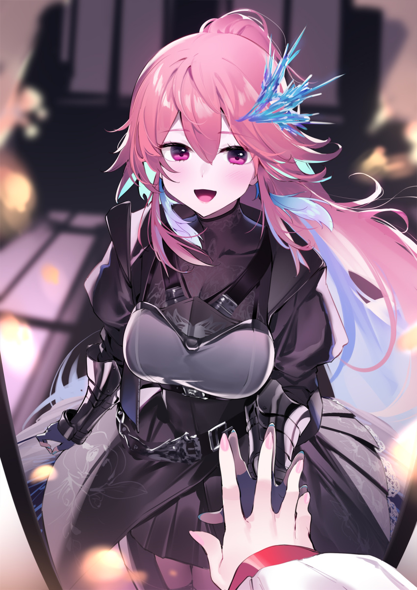 1girl, armor, belt, blue_hair, different_reflection, female_pov, fingerless_gloves, gloves
