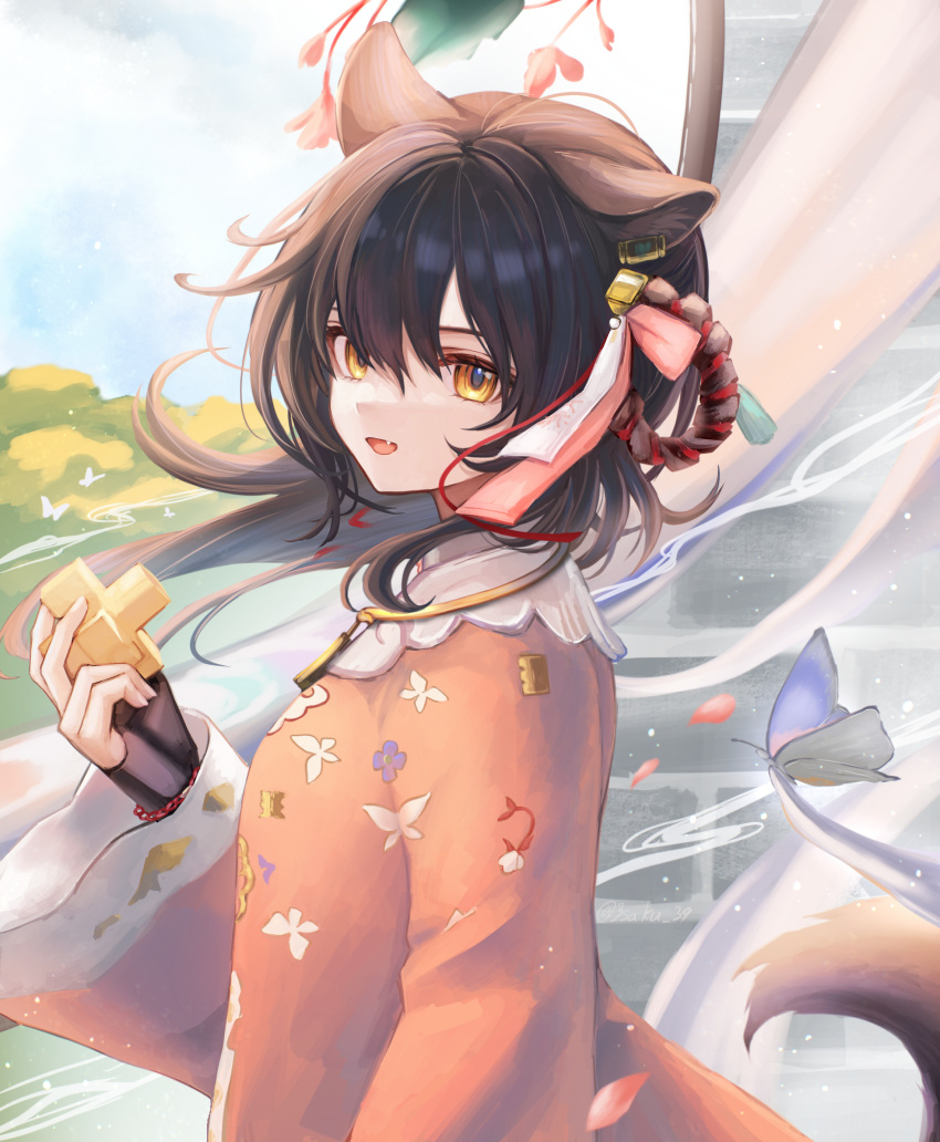 1girl, 3_(sanyako1), animal_ears, arknights, black_gloves, bow, brown_hair, bug, butterfly, fang, fingerless_gloves, gloves, hair_between_eyes, hair_bow, highres, holding_shape, long_hair, long_sleeves, looking_at_viewer, lunacub_(arknights), lunacub_(clouds_float_like_ideas_of_art)_(arknights), open_mouth, orange_sweater, solo, sweater, tail, upper_body, wind, wolf_ears, wolf_girl, wolf_tail, yellow_eyes