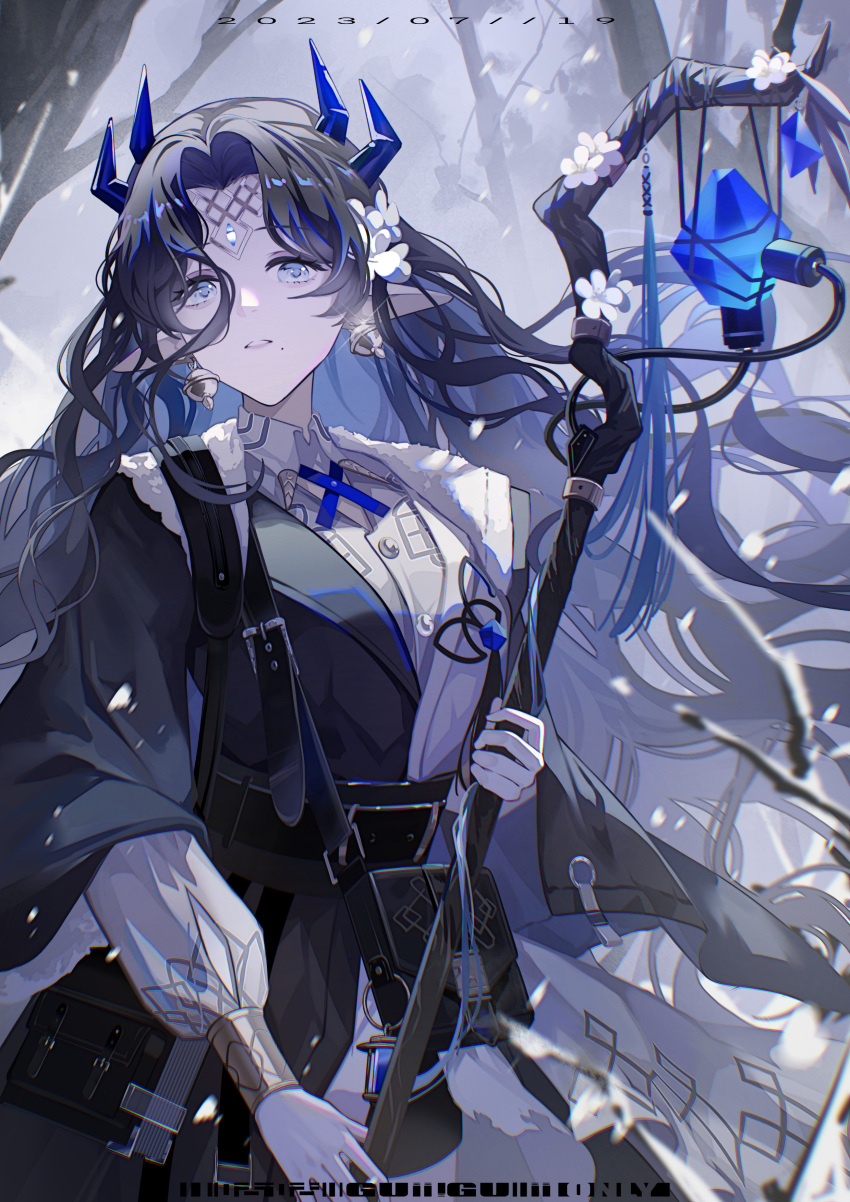 1girl, absurdres, arknights, bag, belt, black_bag, black_belt, black_hair
